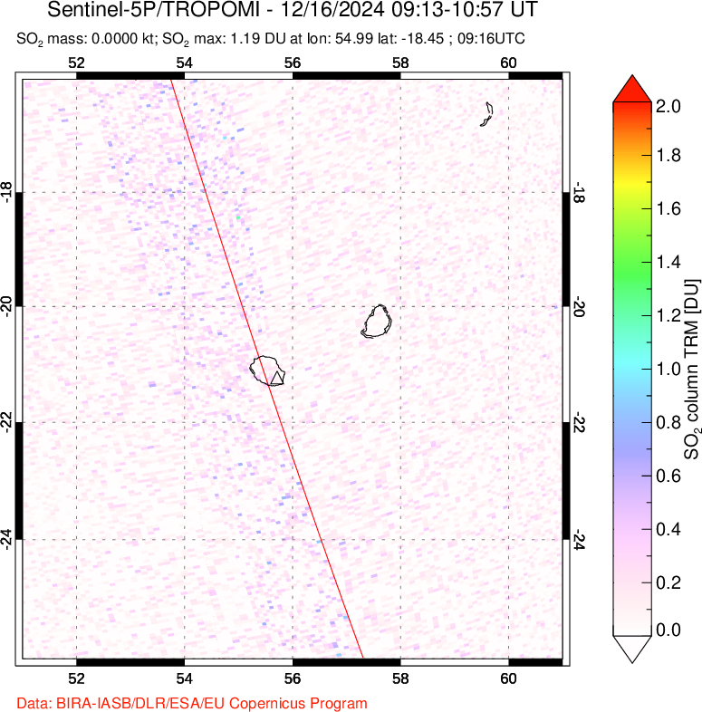 A sulfur dioxide image over Reunion Island, Indian Ocean on Dec 16, 2024.