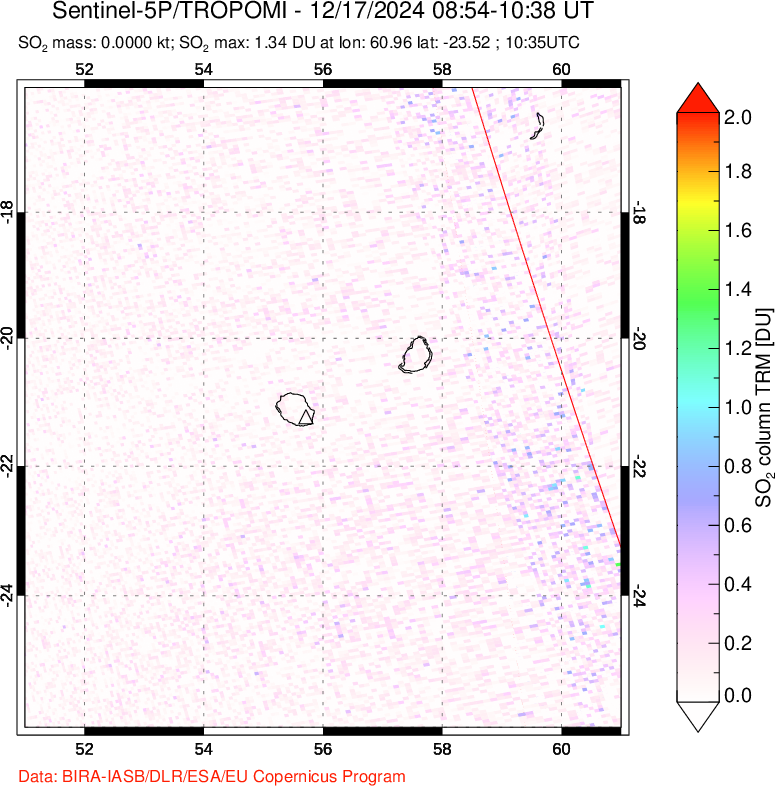 A sulfur dioxide image over Reunion Island, Indian Ocean on Dec 17, 2024.