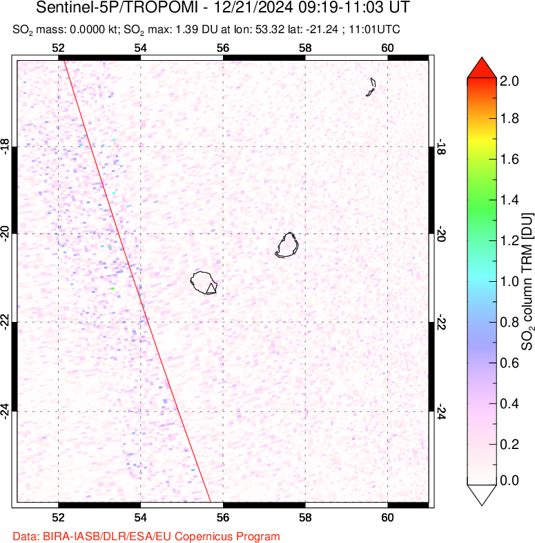 A sulfur dioxide image over Reunion Island, Indian Ocean on Dec 21, 2024.