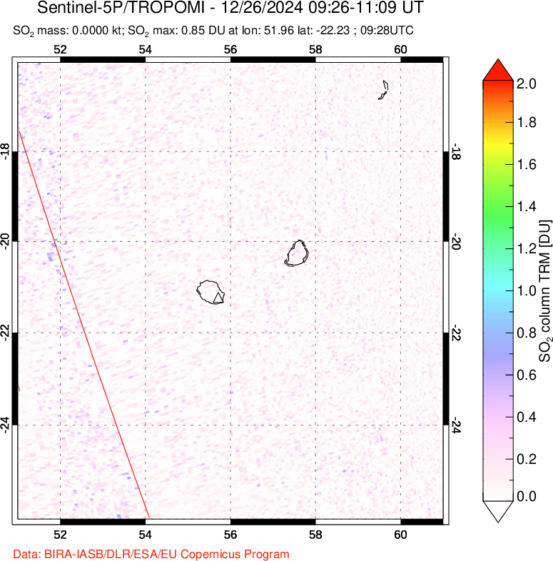 A sulfur dioxide image over Reunion Island, Indian Ocean on Dec 26, 2024.