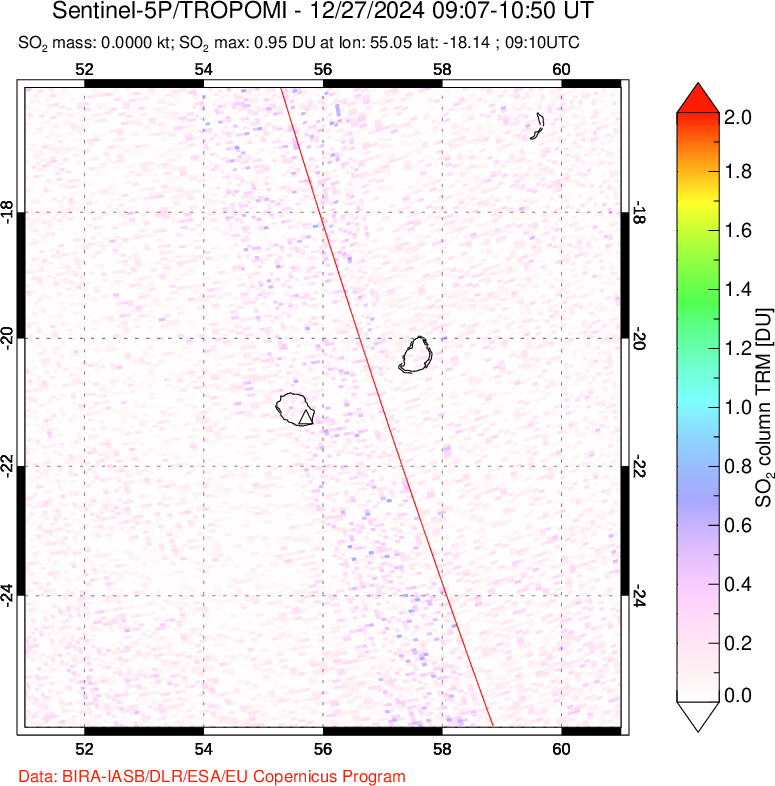 A sulfur dioxide image over Reunion Island, Indian Ocean on Dec 27, 2024.