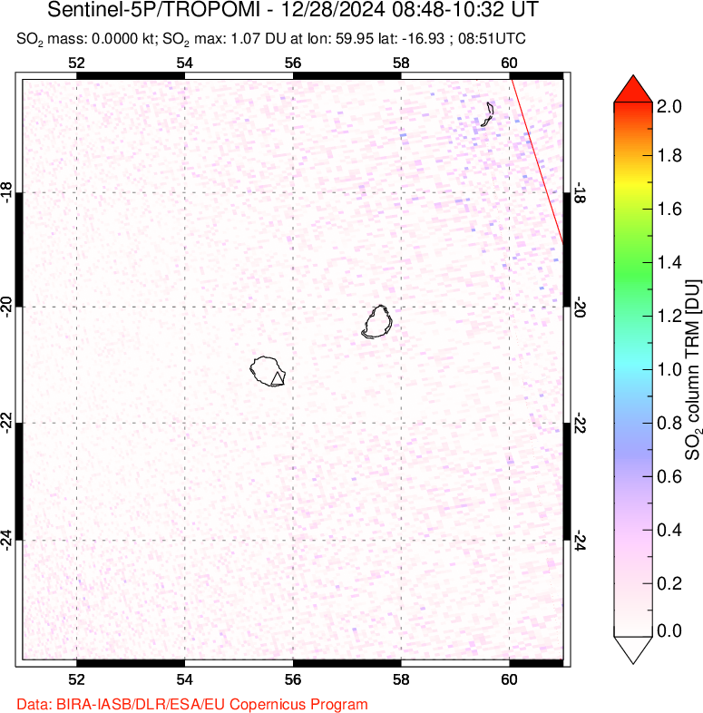 A sulfur dioxide image over Reunion Island, Indian Ocean on Dec 28, 2024.