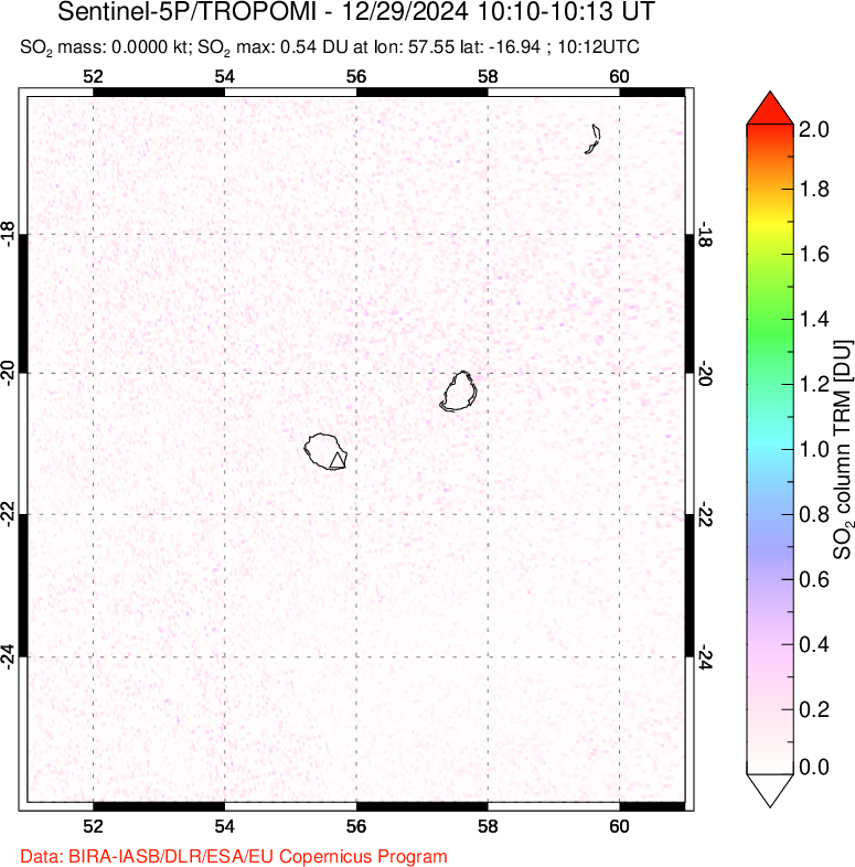 A sulfur dioxide image over Reunion Island, Indian Ocean on Dec 29, 2024.