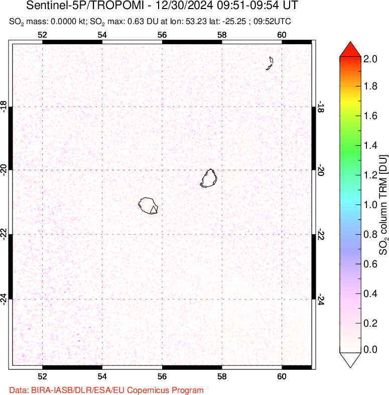 A sulfur dioxide image over Reunion Island, Indian Ocean on Dec 30, 2024.