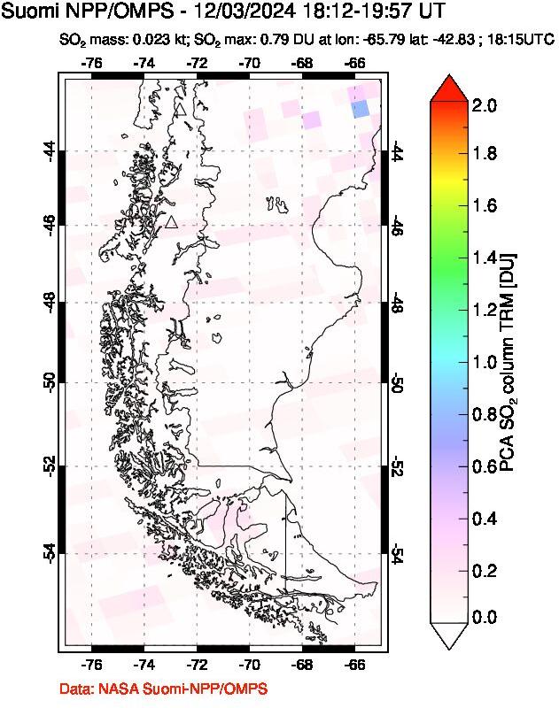 A sulfur dioxide image over Southern Chile on Dec 03, 2024.