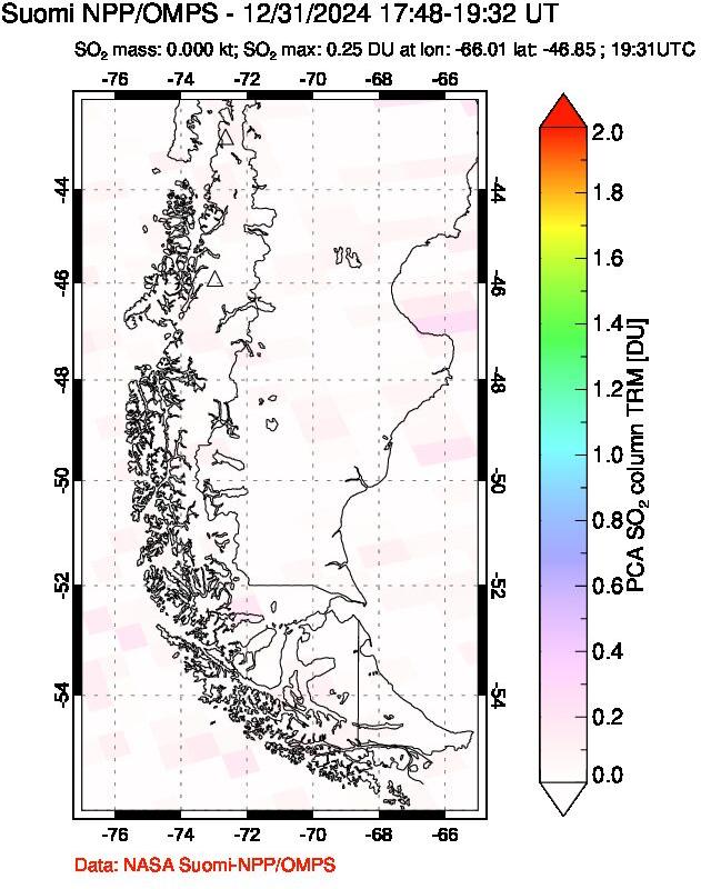 A sulfur dioxide image over Southern Chile on Dec 31, 2024.