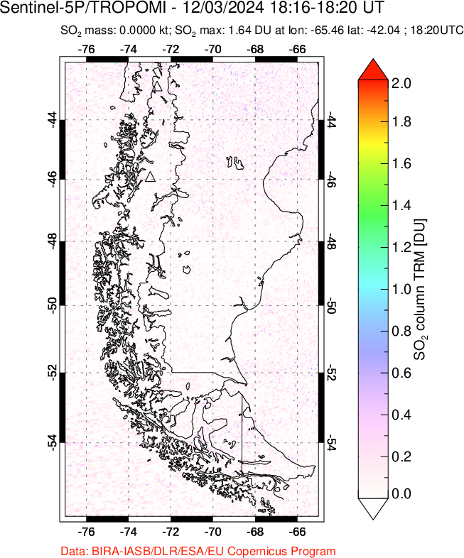 A sulfur dioxide image over Southern Chile on Dec 03, 2024.