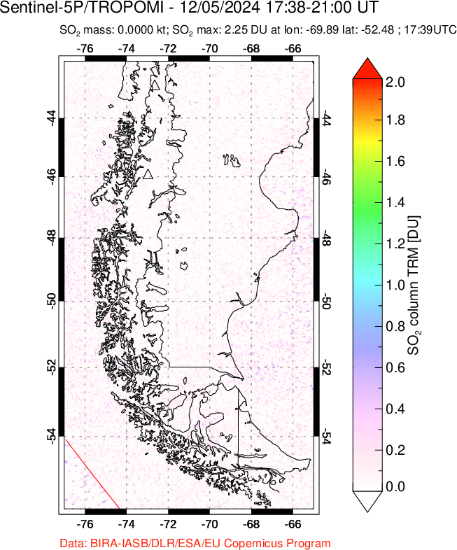 A sulfur dioxide image over Southern Chile on Dec 05, 2024.