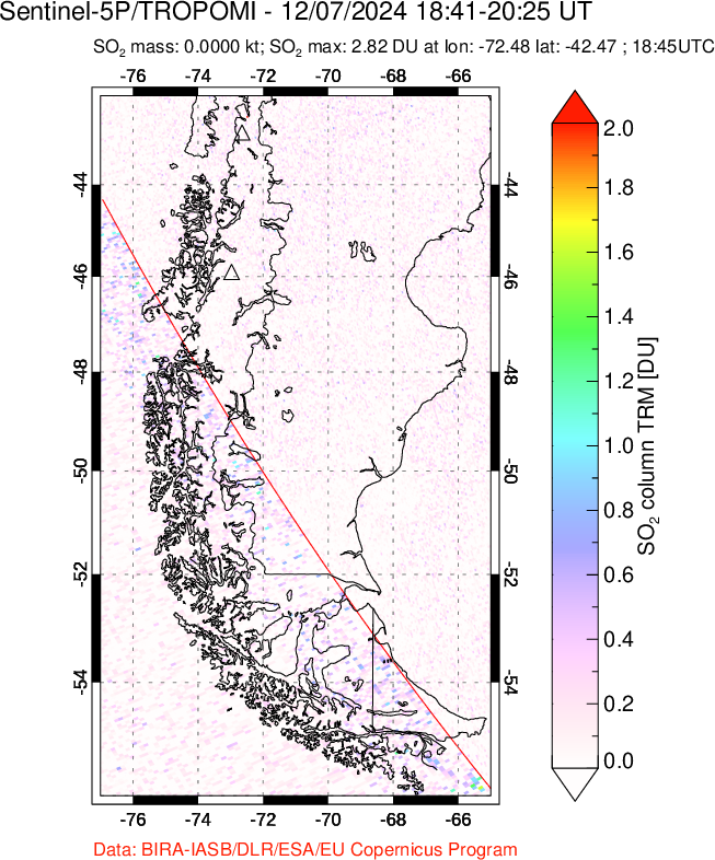 A sulfur dioxide image over Southern Chile on Dec 07, 2024.