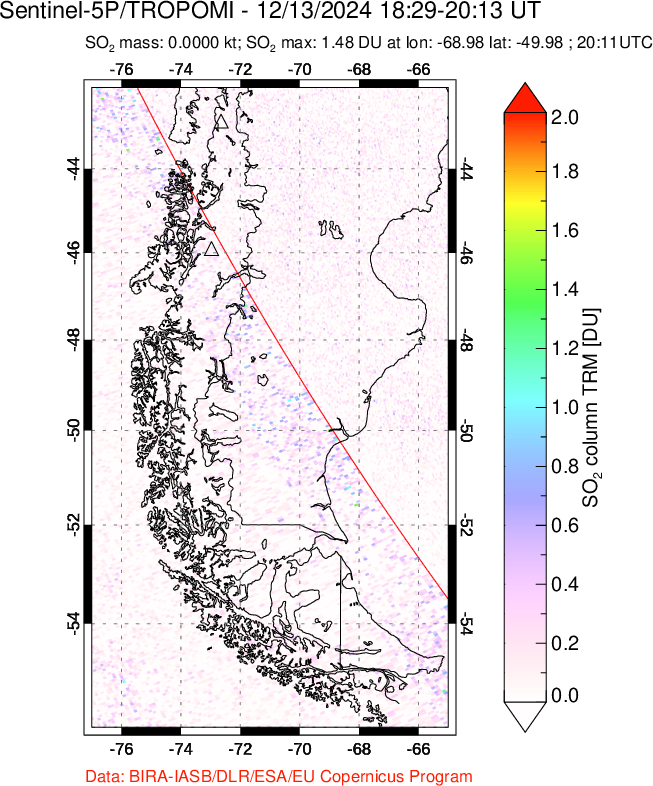 A sulfur dioxide image over Southern Chile on Dec 13, 2024.