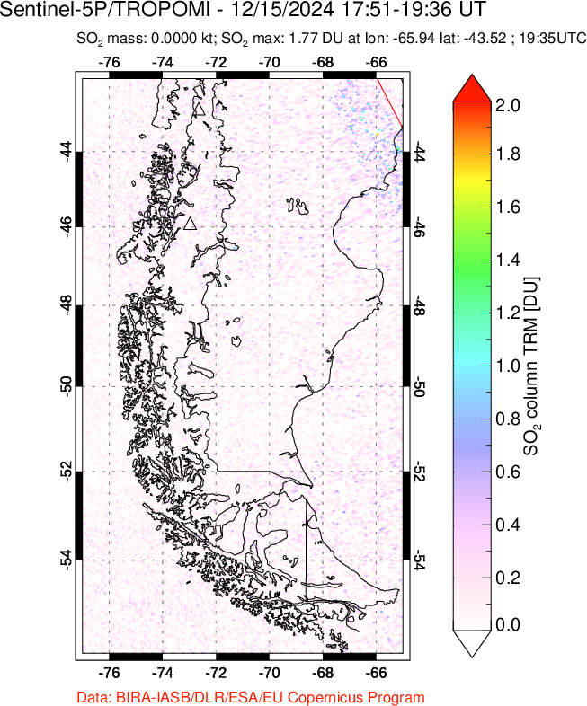 A sulfur dioxide image over Southern Chile on Dec 15, 2024.