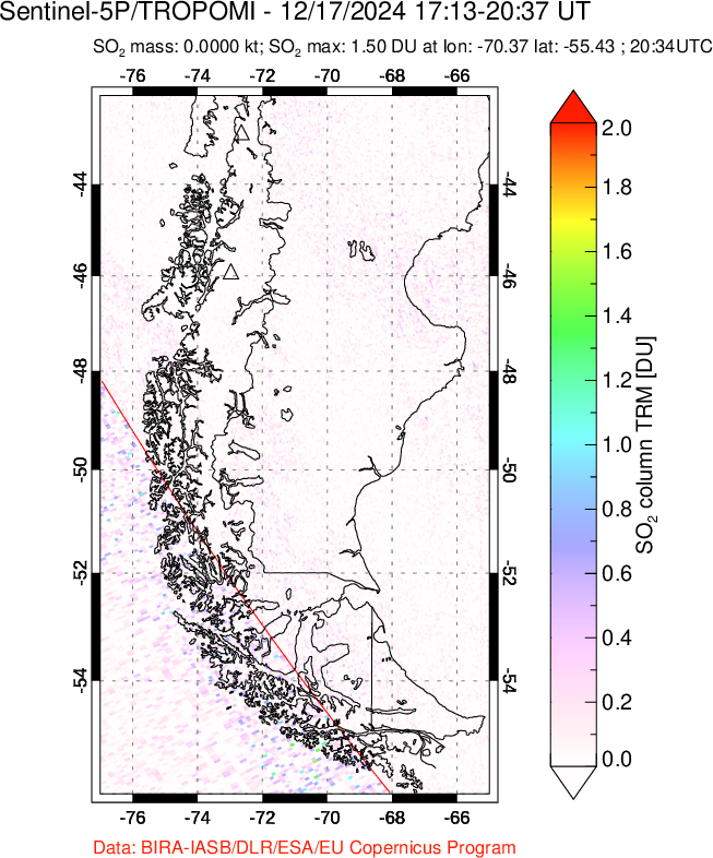 A sulfur dioxide image over Southern Chile on Dec 17, 2024.