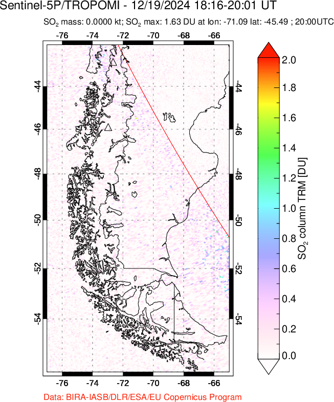 A sulfur dioxide image over Southern Chile on Dec 19, 2024.