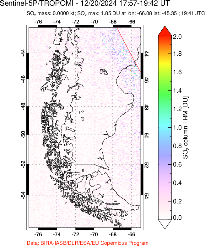 A sulfur dioxide image over Southern Chile on Dec 20, 2024.