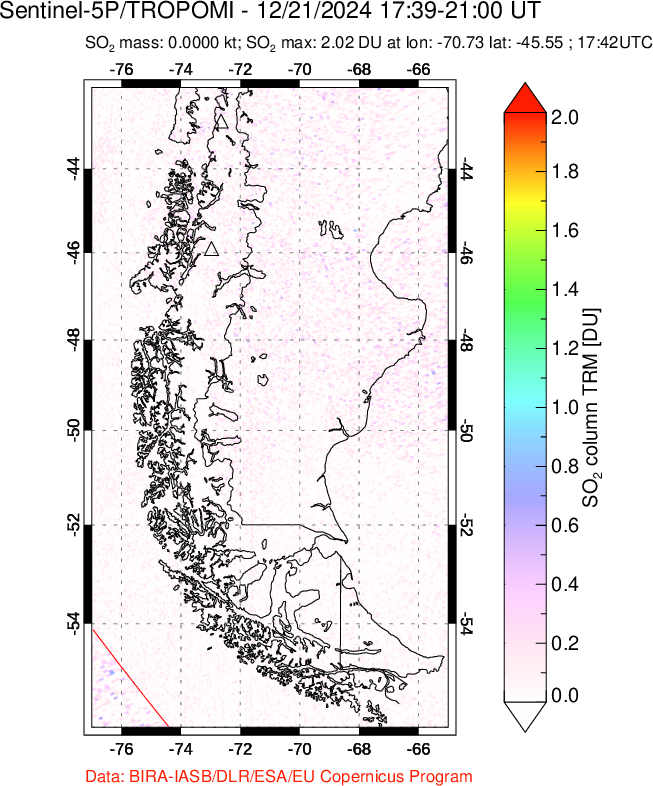 A sulfur dioxide image over Southern Chile on Dec 21, 2024.