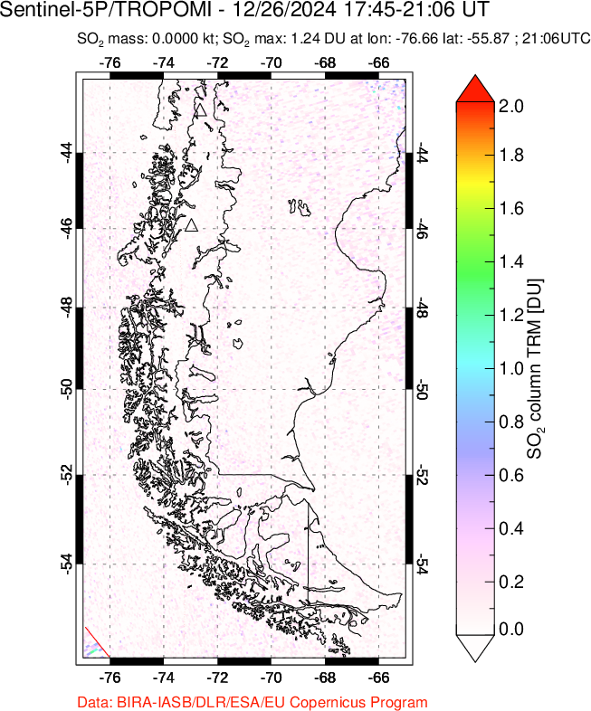 A sulfur dioxide image over Southern Chile on Dec 26, 2024.