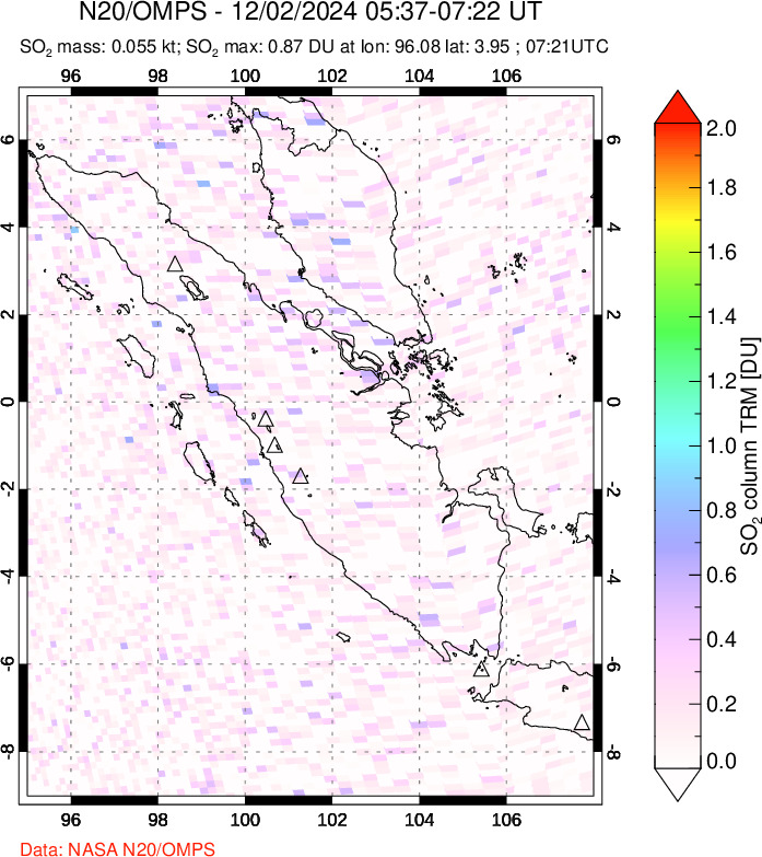 A sulfur dioxide image over Sumatra, Indonesia on Dec 02, 2024.