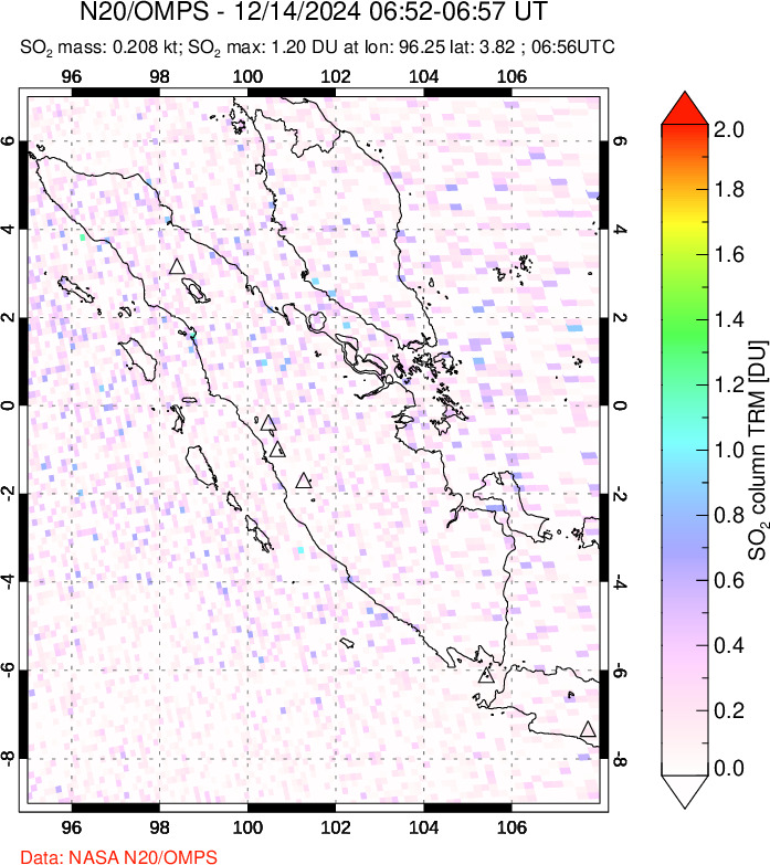 A sulfur dioxide image over Sumatra, Indonesia on Dec 14, 2024.