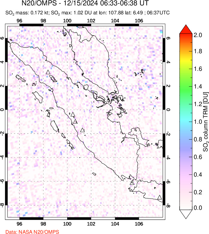 A sulfur dioxide image over Sumatra, Indonesia on Dec 15, 2024.