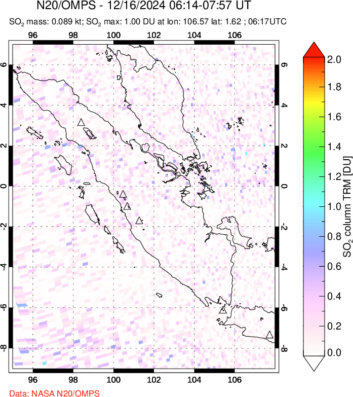 A sulfur dioxide image over Sumatra, Indonesia on Dec 16, 2024.