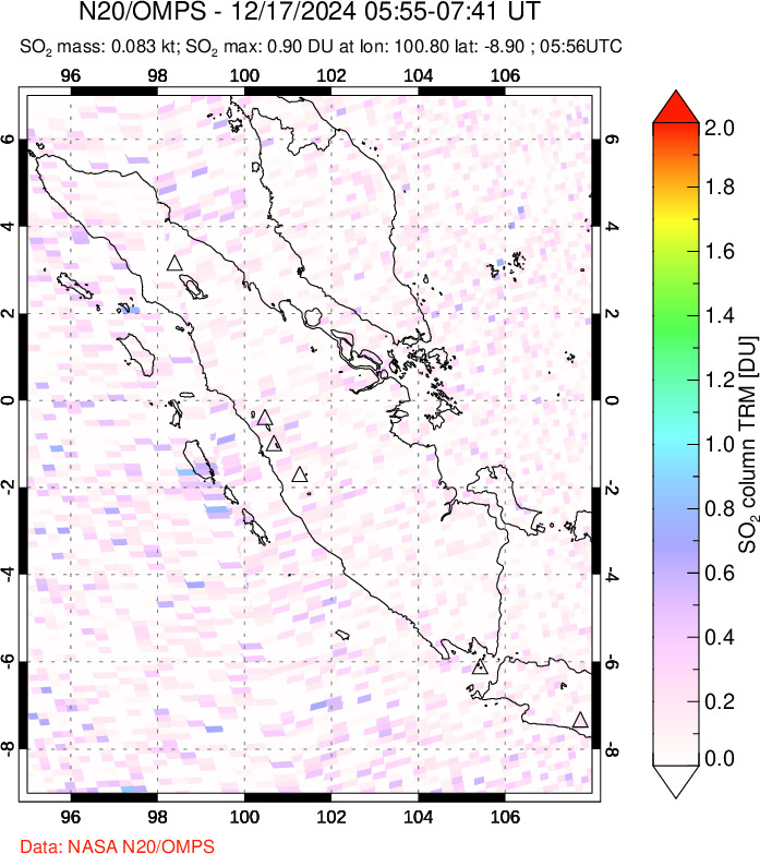 A sulfur dioxide image over Sumatra, Indonesia on Dec 17, 2024.