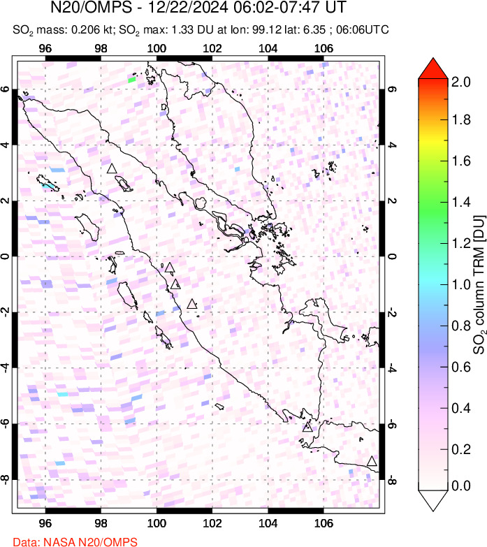 A sulfur dioxide image over Sumatra, Indonesia on Dec 22, 2024.