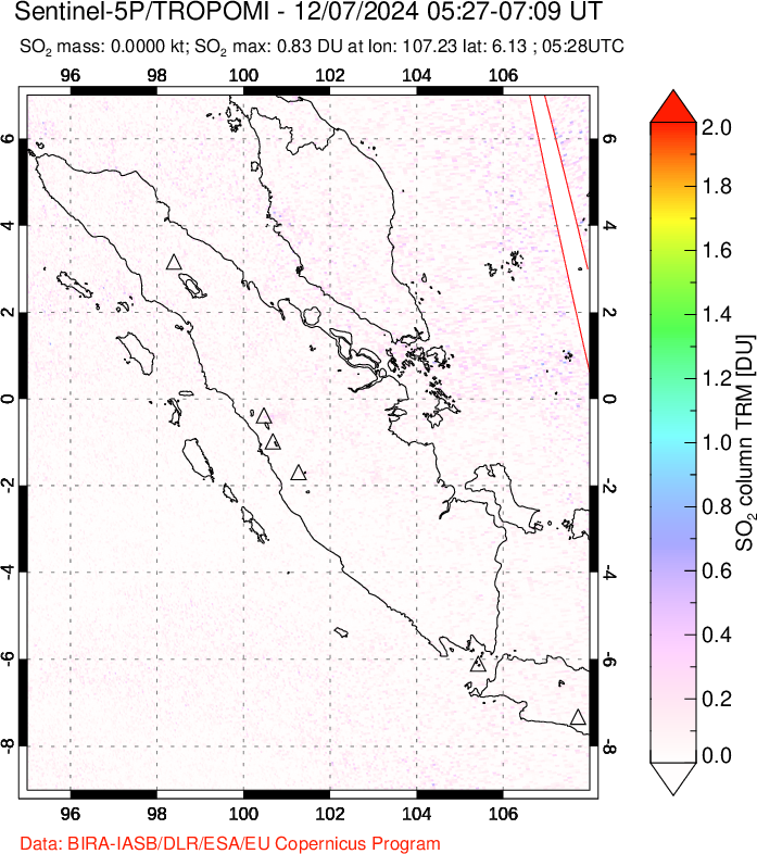 A sulfur dioxide image over Sumatra, Indonesia on Dec 07, 2024.