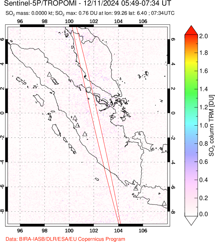 A sulfur dioxide image over Sumatra, Indonesia on Dec 11, 2024.