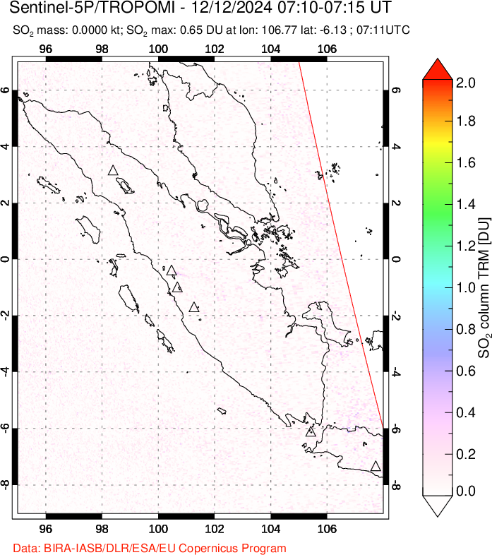 A sulfur dioxide image over Sumatra, Indonesia on Dec 12, 2024.