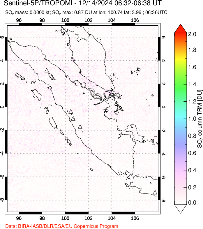 A sulfur dioxide image over Sumatra, Indonesia on Dec 14, 2024.