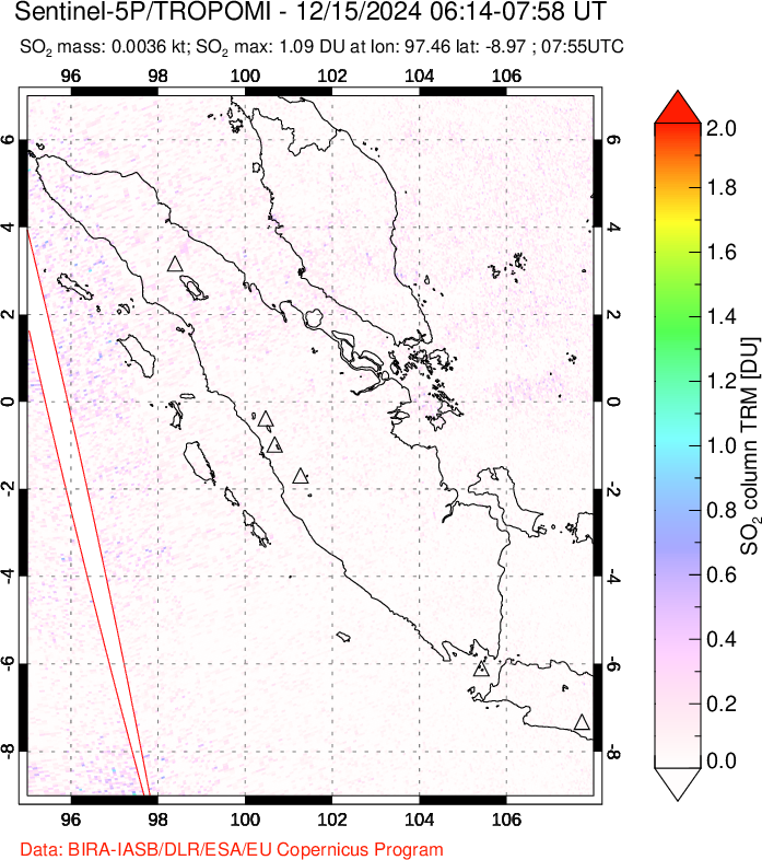 A sulfur dioxide image over Sumatra, Indonesia on Dec 15, 2024.