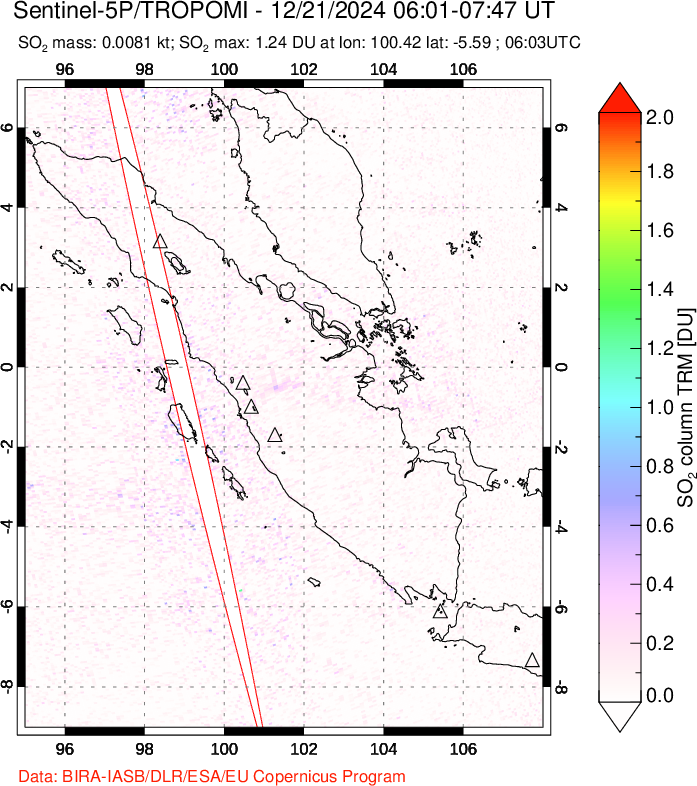 A sulfur dioxide image over Sumatra, Indonesia on Dec 21, 2024.