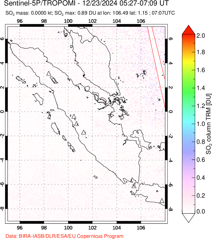 A sulfur dioxide image over Sumatra, Indonesia on Dec 23, 2024.