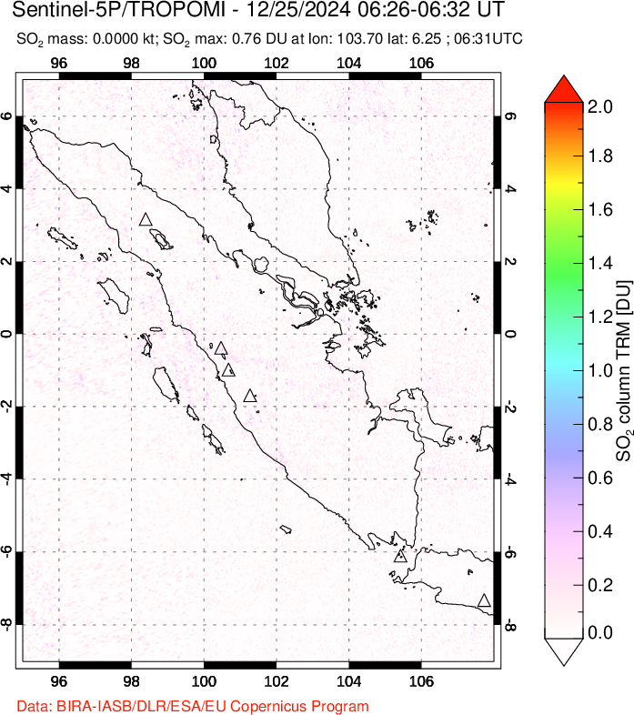 A sulfur dioxide image over Sumatra, Indonesia on Dec 25, 2024.