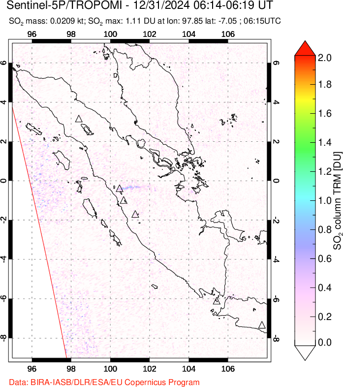 A sulfur dioxide image over Sumatra, Indonesia on Dec 31, 2024.