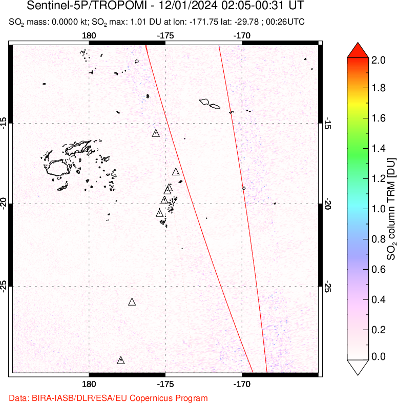 A sulfur dioxide image over Tonga, South Pacific on Dec 01, 2024.