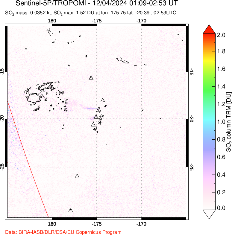 A sulfur dioxide image over Tonga, South Pacific on Dec 04, 2024.