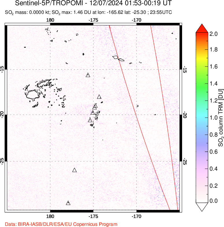 A sulfur dioxide image over Tonga, South Pacific on Dec 07, 2024.