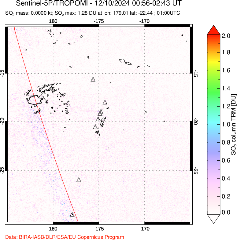 A sulfur dioxide image over Tonga, South Pacific on Dec 10, 2024.