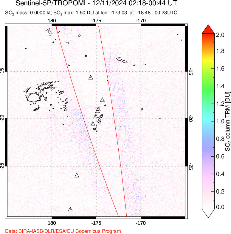 A sulfur dioxide image over Tonga, South Pacific on Dec 11, 2024.