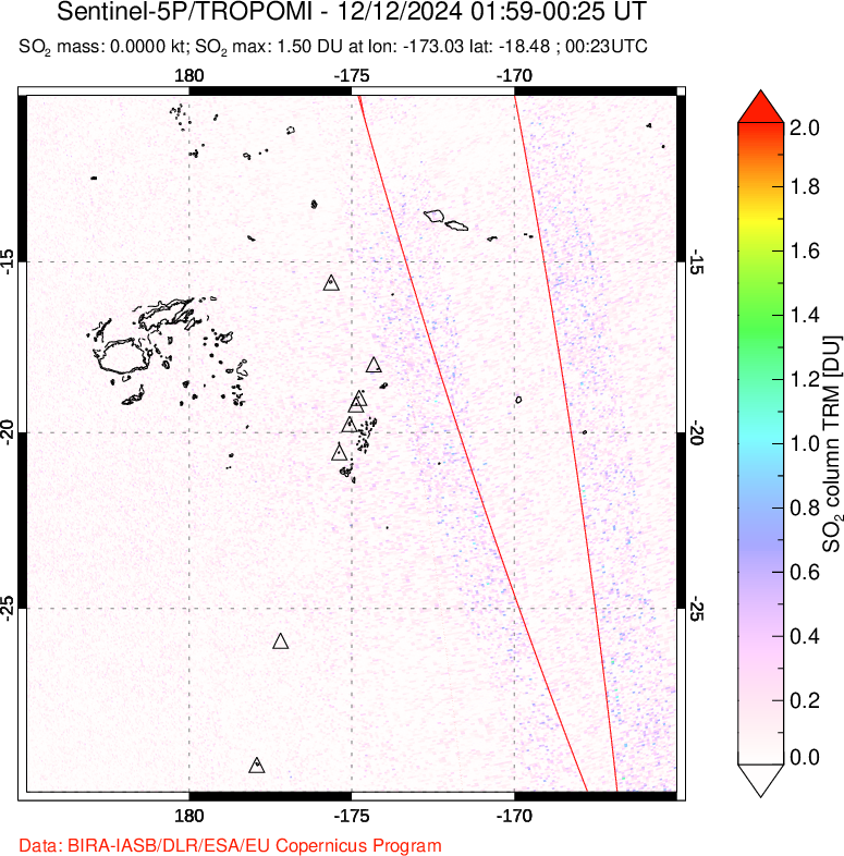 A sulfur dioxide image over Tonga, South Pacific on Dec 12, 2024.