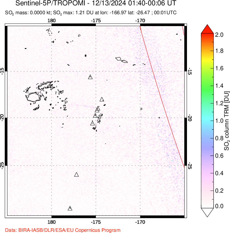 A sulfur dioxide image over Tonga, South Pacific on Dec 13, 2024.