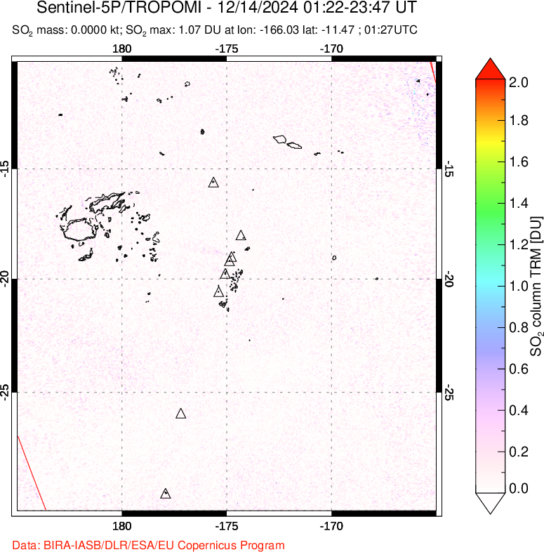 A sulfur dioxide image over Tonga, South Pacific on Dec 14, 2024.