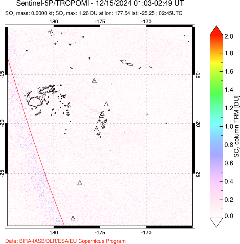 A sulfur dioxide image over Tonga, South Pacific on Dec 15, 2024.