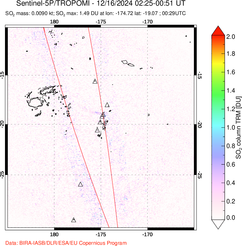 A sulfur dioxide image over Tonga, South Pacific on Dec 16, 2024.