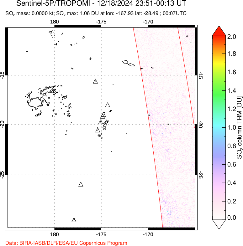 A sulfur dioxide image over Tonga, South Pacific on Dec 18, 2024.