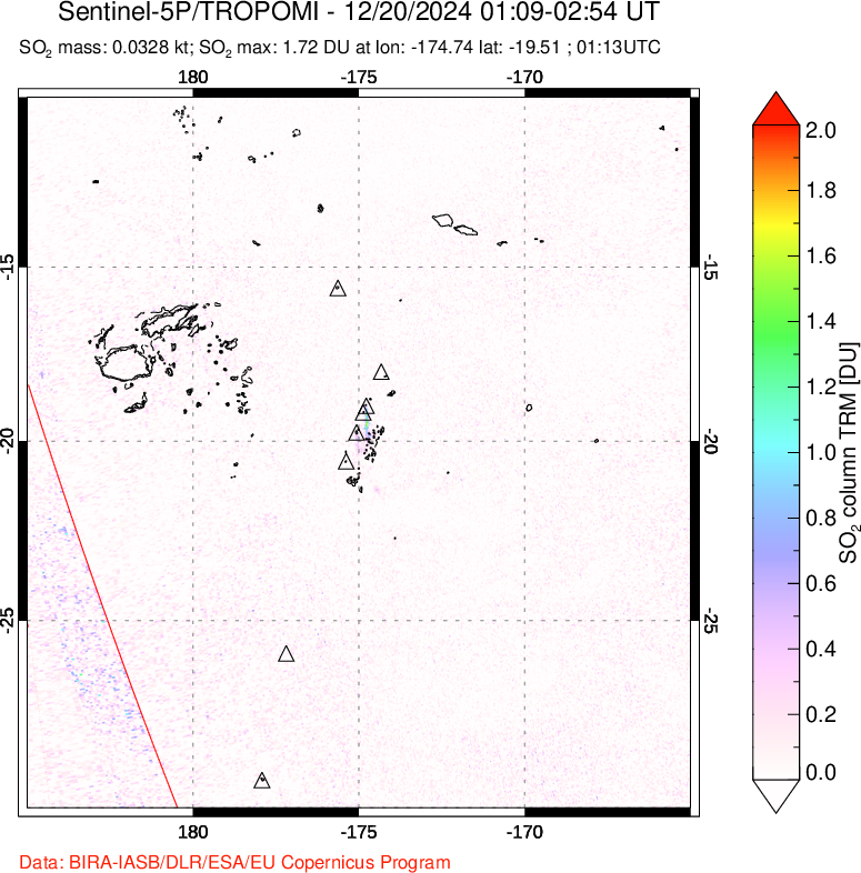 A sulfur dioxide image over Tonga, South Pacific on Dec 20, 2024.