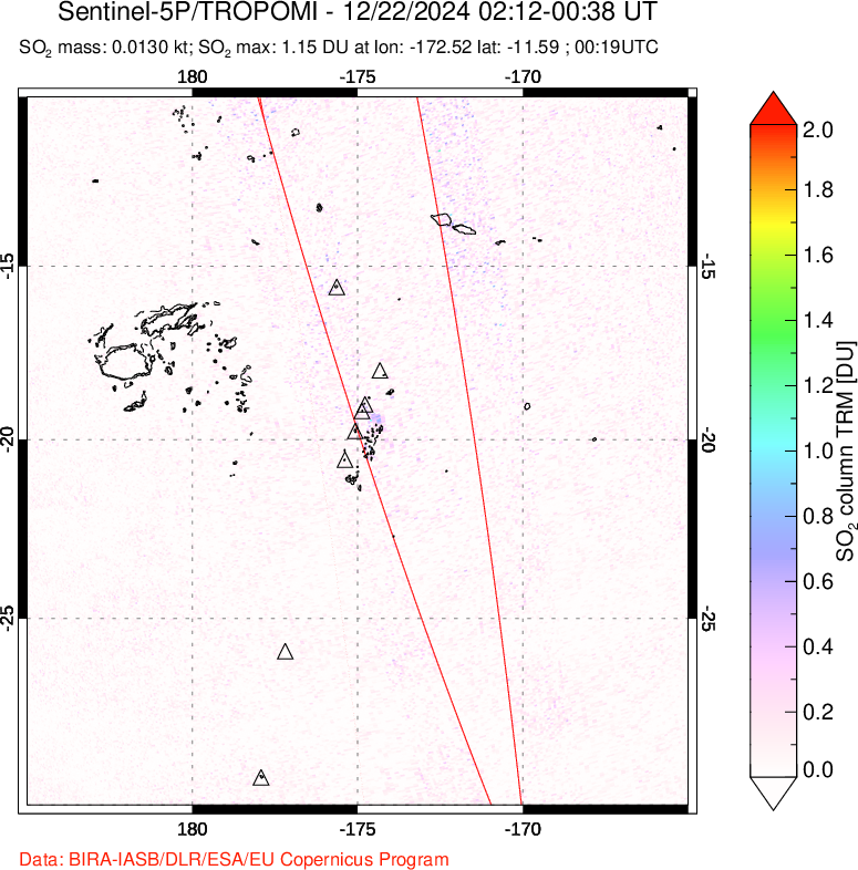 A sulfur dioxide image over Tonga, South Pacific on Dec 22, 2024.