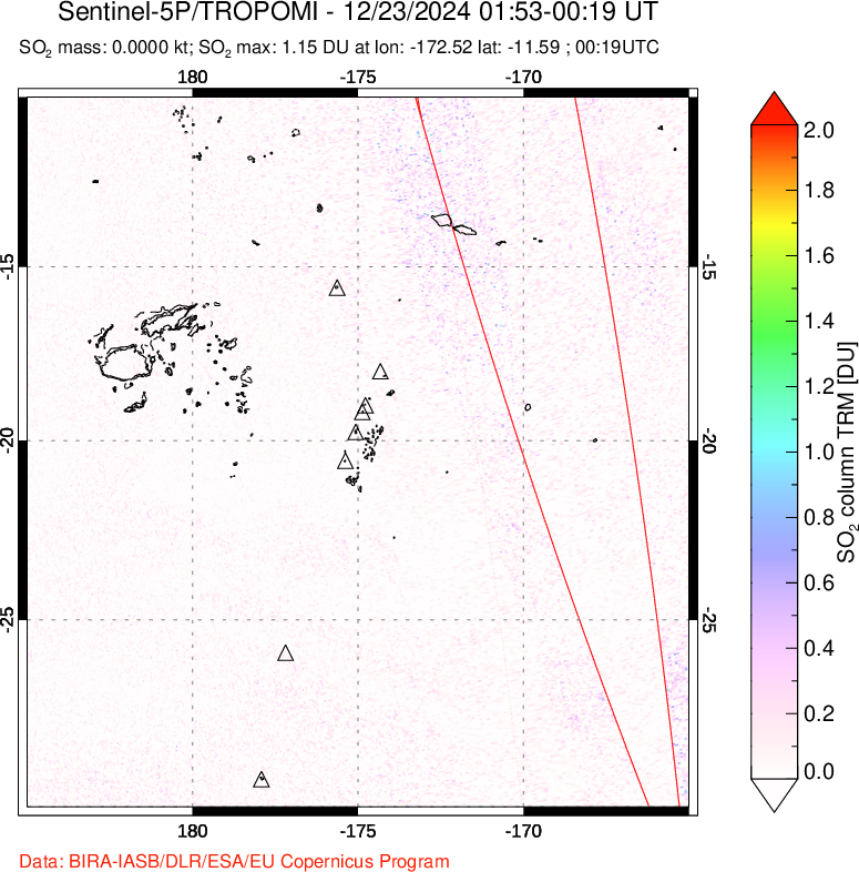 A sulfur dioxide image over Tonga, South Pacific on Dec 23, 2024.