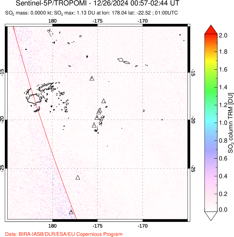 A sulfur dioxide image over Tonga, South Pacific on Dec 26, 2024.